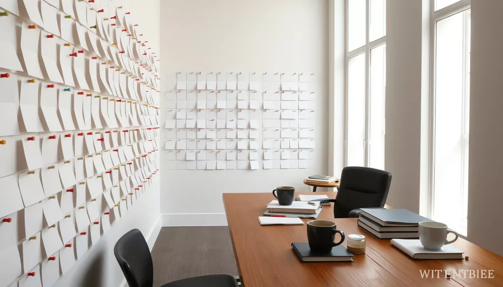 Der Writers' Room einer Serie, eine Wand voller leerer Karteikarten in Spalten über einem langen Tisch