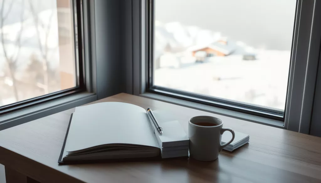 Le bureau d'une scénariste un matin d'hiver, un carnet ouvert et des fiches vierges devant une fenêtre sur la montagne