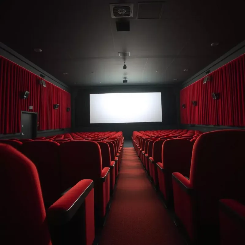 Une salle de cinéma vide, aux fauteuils rouges éclairés par l'écran