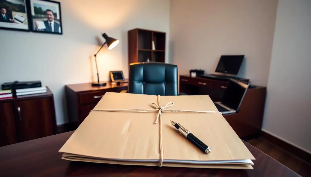 Das Büro einer Person mit Schweigepflicht nach Feierabend, eine verschnürte Akte und ein zugeklappter Laptop unter der Schreibtischlampe
