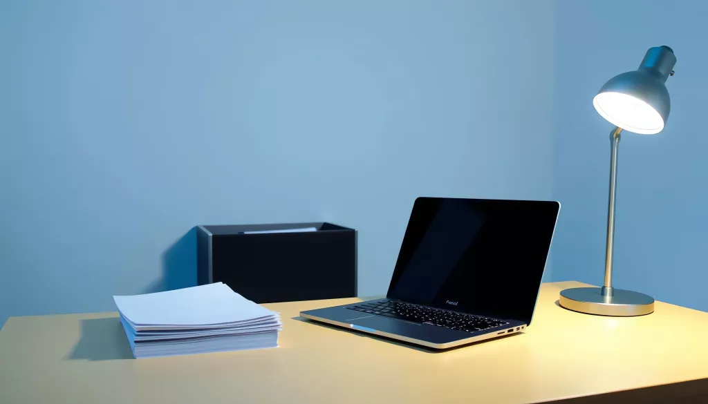 Un bureau au crépuscule, un ordinateur fermé à côté de pages blanches et d'une corbeille à courrier vide, après une journée de travail