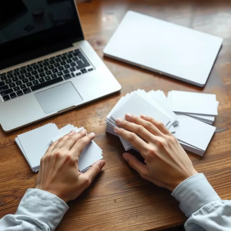 Hands sorting blank index cards into small piles on a desk, next to a closed laptop