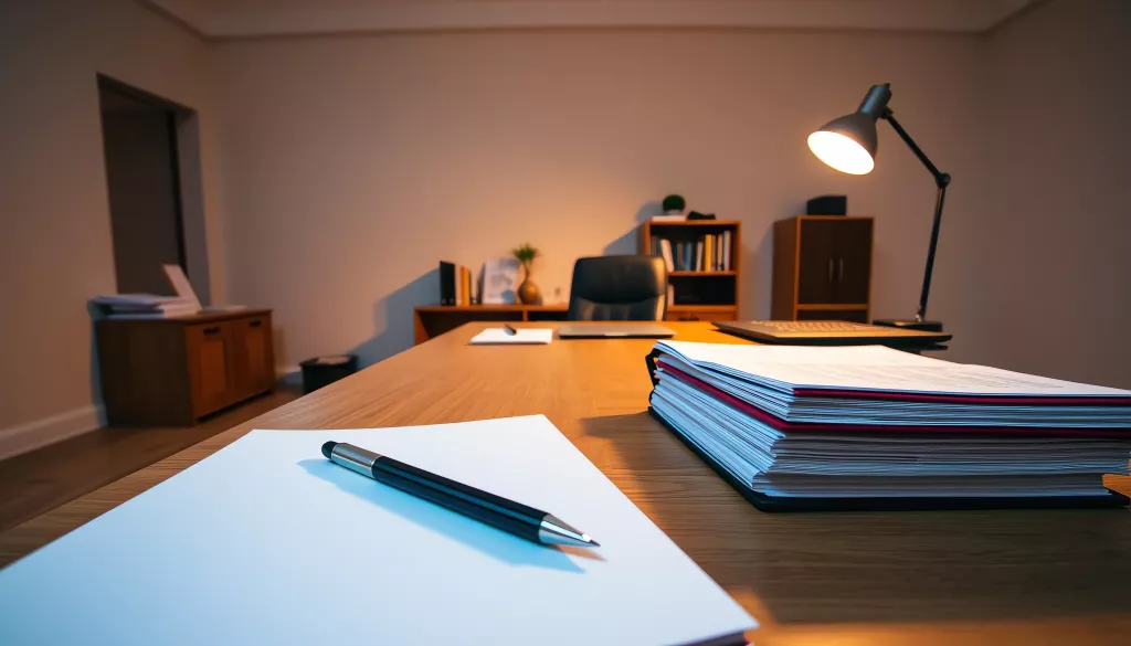 The back office of an accounting firm at dusk, thick ledgers and a closed laptop under a desk lamp