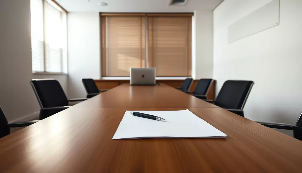 Une salle de réunion vide le soir, une feuille blanche et un stylo posés sur la table, comme une note de service à venir