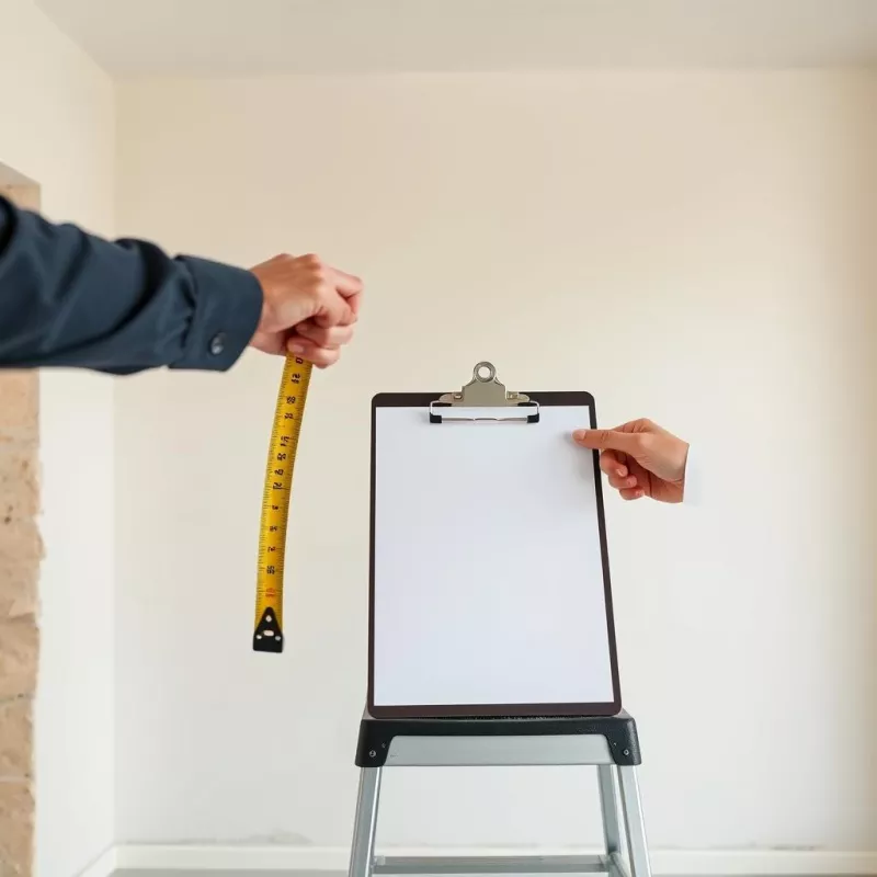 Des mains tendent un mètre ruban contre un mur nu, sur un chantier de rénovation