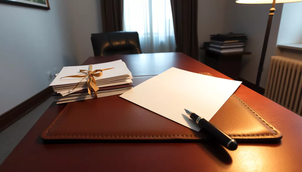 Lo studio di un avvocato in prima serata, un foglio di carta da lettera bianco e una busta appoggiati accanto a una pila di pratiche