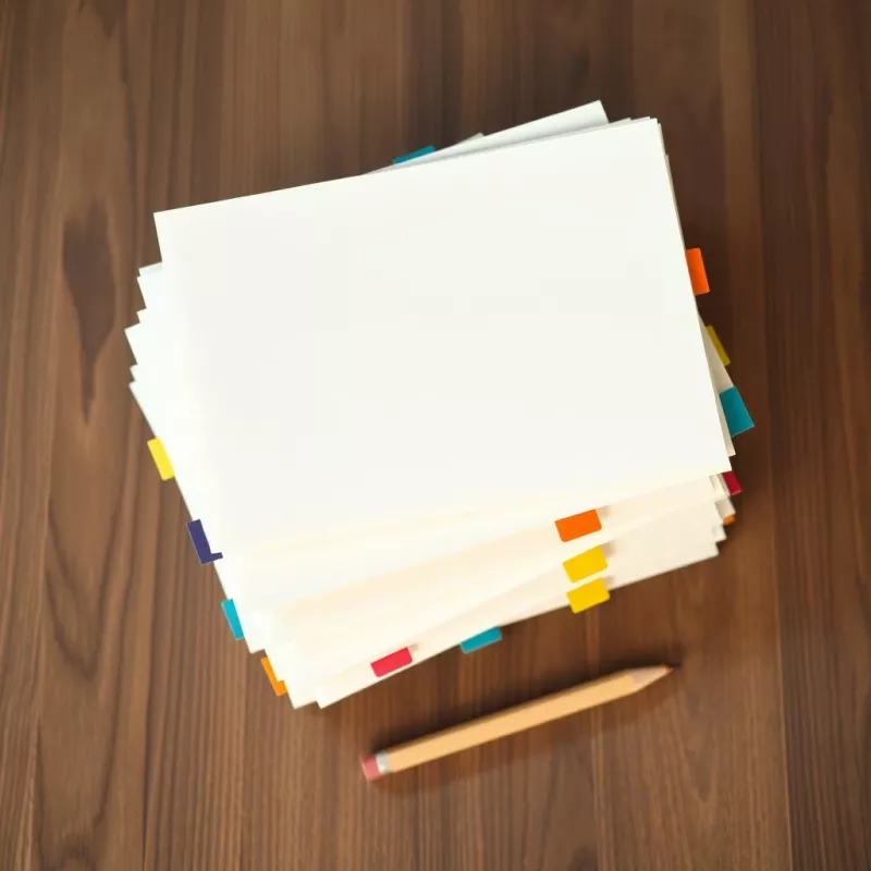 Una pila di pagine suddivisa in diversi mucchietti con linguette colorate su un tavolo di legno