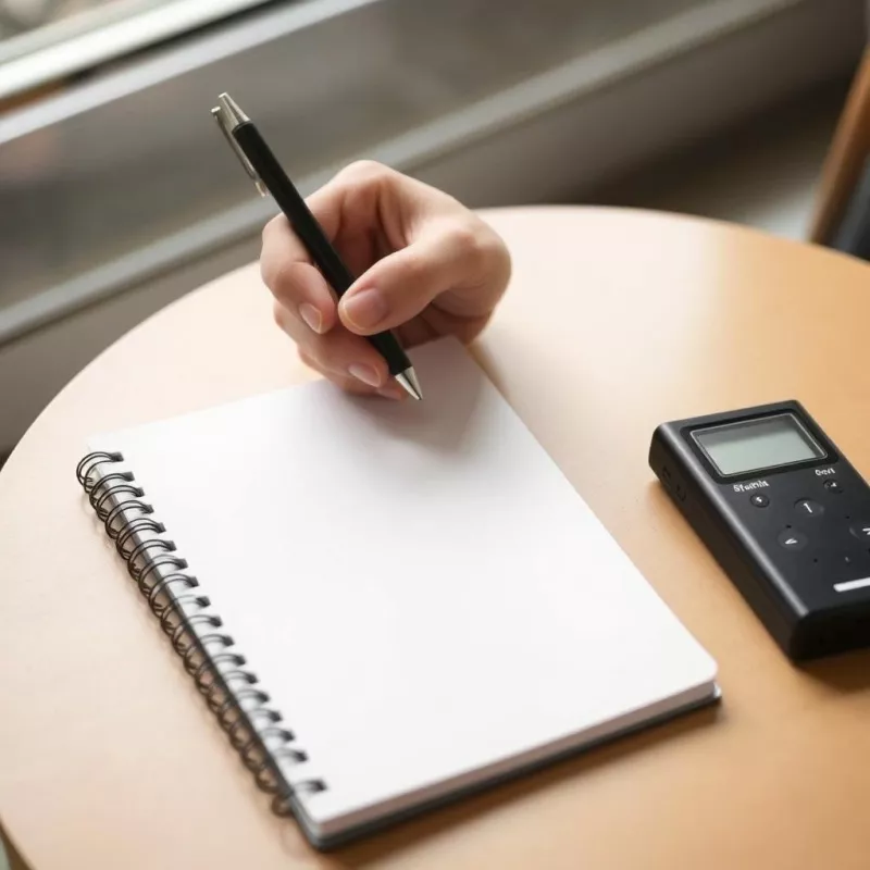 Hands holding a pen above a blank notebook, next to a small recorder on a café table