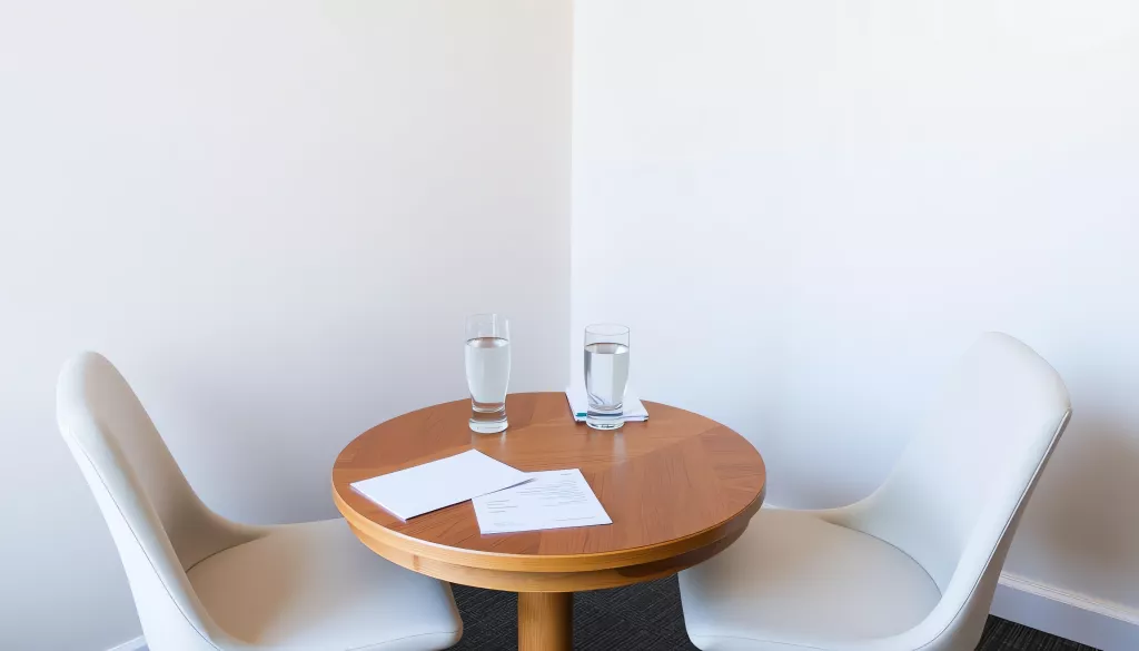 Une petite salle de réunion avant un entretien annuel, deux chaises face à face et un dossier fermé sur la table