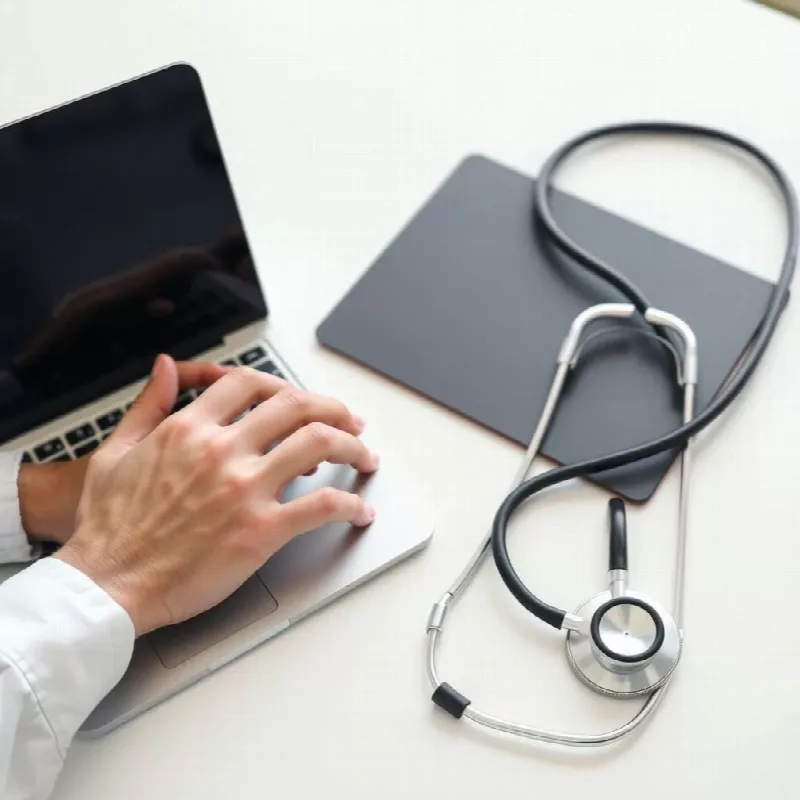 Des mains sur le clavier d'un ordinateur, à côté d'un stéthoscope