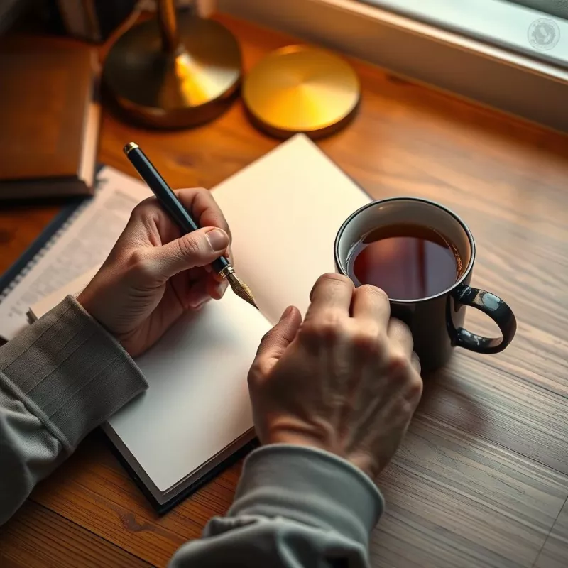 Des mains tenant un stylo plume au-dessus d'un carnet ouvert, une tasse de thé à côté, le soir