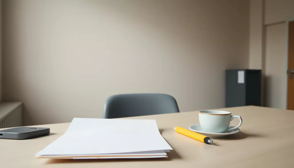 Le bureau d'un agent de mairie le matin, une feuille pliée près d'une enveloppe ouverte et d'un surligneur