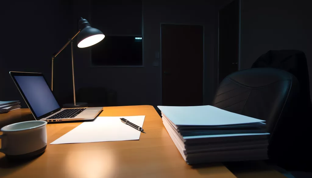 A police station office late at night, a closed laptop, blank forms and a cup of coffee under the desk lamp